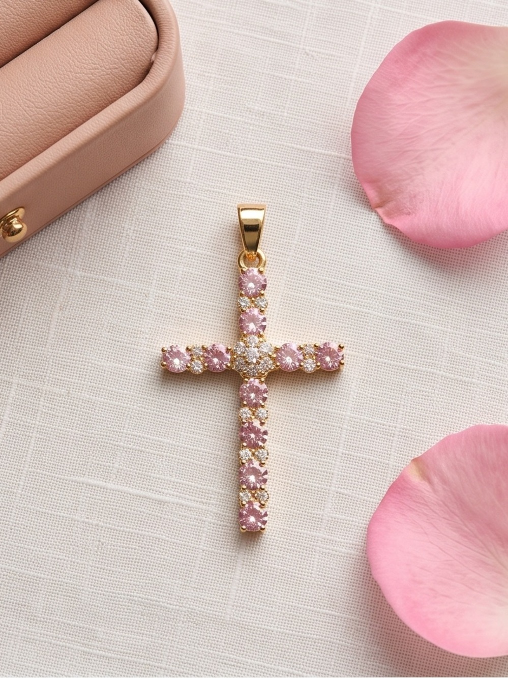 Gold Cross Pendant with Pink cubic zirconia